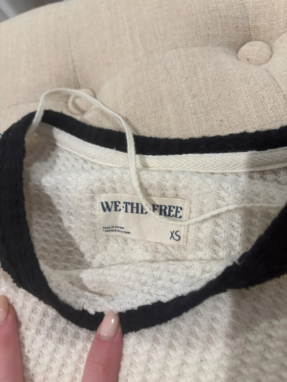 Free People Waffle-Knit Ava Ringer long sleeve in Cream with Black Trim